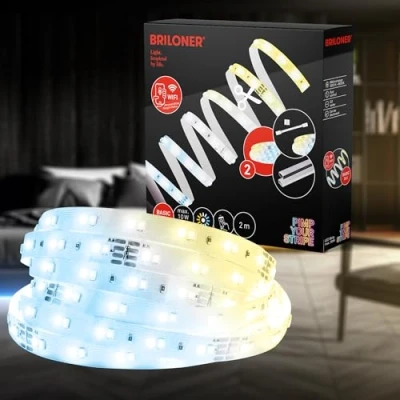 Immagine di BRILONER Pimp your Stripe Starter Set Striscia led Smart da 2 m, bianco caldo a freddo, controllo vocale tramite app, cavo 3 accorciabile, autoadesivo, strisce LED, sottopensile