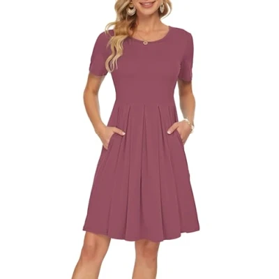 Immagine di AUSELILY Abito Casual da Donna a Pieghe Manica Corta con Scollo V e Lunghezza al Ginocchio Malva,M
