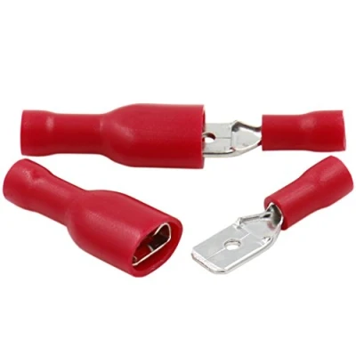 Immagine di Heschen Connettori rapidi maschio/femmina in vinile completamente isolati, FDFD+MDD1,25 250, terminale per cavo da 6,3 x 0,8mm, 0,5 1,5mm² (22 16 AWG), rosso, confezione 100 pezzi