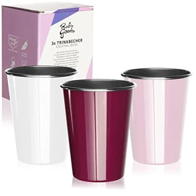 Immagine di Robin Goods® 3 Bicchieri in Acciaio Inossidabile Bianco, Rosa, Viola di Alta qualità da Campeggio infrangibili e privi BPA (03 Pezzi Bianco/Rosa/Viola)