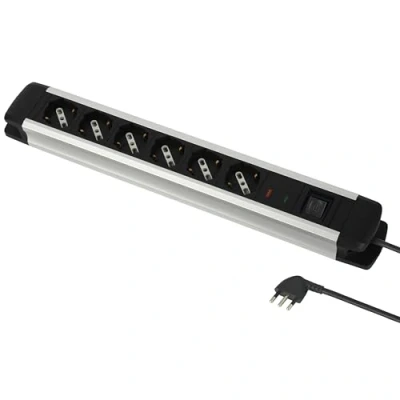 Immagine di Electraline 61904 Multipresa Alu Line 6 Posti Polivalenti, Schuko +10/16 a con Interruttore, 2 M, Corpo in Alluminio, Spina 90 Salvaspazio 16 Protezione, Fissaggio parete