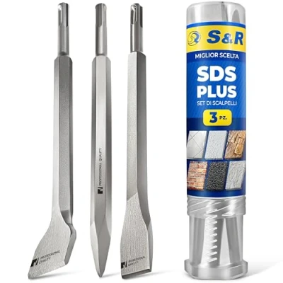 Immagine di S&amp;R Scalpelli SDS Plus Set di 3 per Piastrelle Pavimento Muro (Scalpello Largo Angolato) x Martelli e Trapani