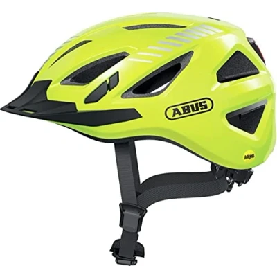 Immagine di ABUS Urban I 3.0 MIPS city helmet casco da bici con luce posteriore, visiera e chiusura magnetica per il traffico cittadino uomini donne giallo lucido, S
