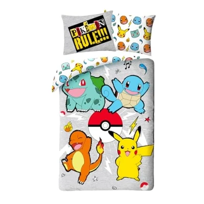 Immagine di Set copripiumino Pokemon per bambini, 140 x 200 cm + federa cuscino, con salameca, bulbizarre, carapuce e pikachu
