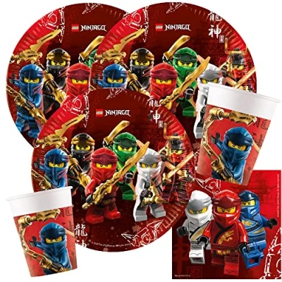 Immagine di Set da 44 pezzi Ninja Piatto Ninjago Bicchieri tovaglioli + cannucce di carta per 8 bambini
