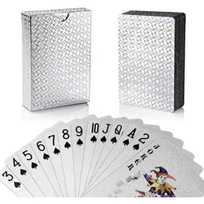 Immagine di joyoldelf Giochi di Carte Poker, Gioco Carta in PVC Impermeabile Foglio Oro con Scatola Regalo Set 54 Perfetto per Festa e (Argento)