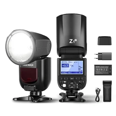 Immagine di NEEWER Z1 C TTL Flash Speedlite a Testa Rotonda per DSLR Canon, 76Ws 2.4G 1/8000s HSS, Lampada di LED 10 Livelli, Batteria al litio, 2600mAh, 480 Scatti Piena Potenza, Ricicla in 1.5s
