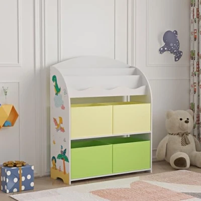 Immagine di [en.casa] Scaffale per Cameretta con Contenitori a Scaletta Libreria 4 Scatole Pieghevoli Porta Giochi Mobile Misura di Bimbi 97,5 x 82,5 29,5 cm Motivo Dinosauro Verde/Giallo