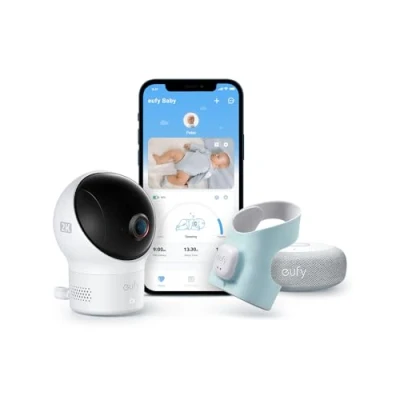 Immagine di eufy Baby Smart Sock Monitor with 2.4 GHz Wi Fi, Track Sleep Patterns, Naps, Heart Rate, and Blood Oxygen Levels, 2K Camera, AI Cry Detection, Pan Tilt, No Monthly Fee