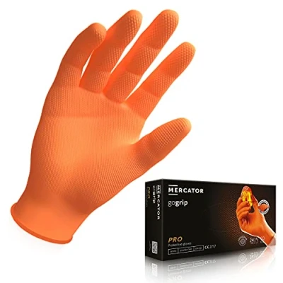 Immagine di guanti in nitrile arancioni GoGrip, taglia: M 50 pezzi, protettivi monouso, privi di rivestimento polvere, senza lattice, con uno spessore 3 volte superiore