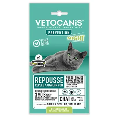 Immagine di Vetocanis Collare antiparassitario Per gatti notte Antizecche e antipulci gatto Efficace 3 mesi di più 9 Resistente all&#039;acqua Formulato sotto controllo veterinario