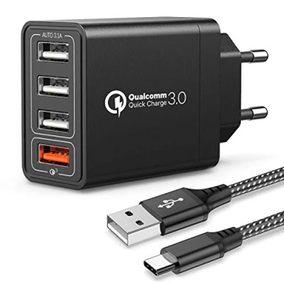Immagine di JOOMFEEN Caricatore USB Con Cavo Type C da Muro, Quick Charger 3.0 30W/6A Carica Rapida 4 Porte Multiplo Parete per Samsung Galaxy S10/S9/S8 Plus/Note 8,Huawei P20/P30,Xiaomi