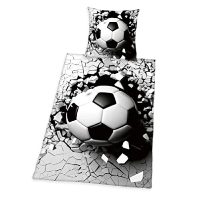 Immagine di Herding Set Biancheria da Letto Con Effetto 3D, Pallone Calcio, Federa 80 x cm, Copripiumino 135 200 Cerniera Scorrevole, 100% Cotone Renforcé, Grigio/Bianco