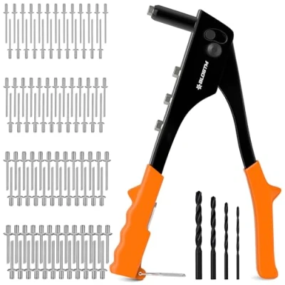Immagine di BLOSTM Set di 100 rivetti in 4 misure (2,4 mm, 3,2 4,8 mm), rivettatrice pop con ugelli per rivetti, metallo, plastica, riparazioni auto (arancione)