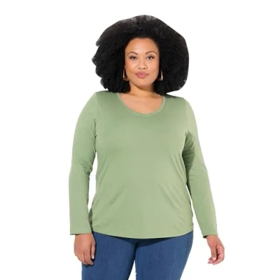 Immagine di Ulla Popken Maglia Aderente con Scollo a V e Maniche Lunghe Verde Salvia 46+ 719505422