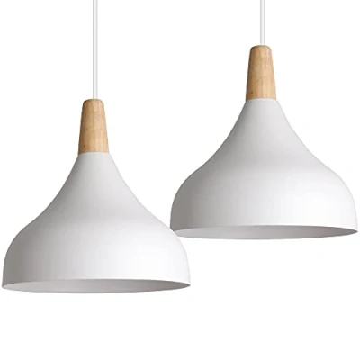 Immagine di iDEGU 2 Pezzi Lampada LED a Sospensione Retrò in Legno Metallo. Moderno Lampadario Soffitto Forma di Goccia Stile Scandinavo, per Soggiorno Sala Da Pranzo Camera, 20cm (# Bianco)