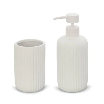 Immagine di Inbagno Set Accessori Bagno 2 Pezzi in Ceramica Bianco cannettato, Dispenser Sapone e portaspazzolini Soft Touch, Spring