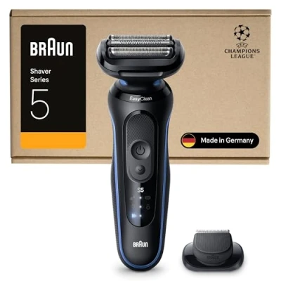 Immagine di Braun Serie 5 Rasoio Elettrico Barba, Wet&amp;Dry, Regolabarba Uomo, 50 Min di Utilizzo, Accessorio Rifinitore Precisione, Senza Fili, 100% Impermeabile, 52 B1200SI, Blu