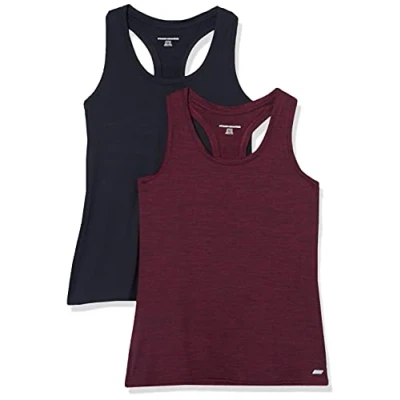 Immagine di Amazon Essentials Canotta Vogatore Tecnica Elasticizzata (Disponibile in Taglie Forti) Donna, Pacco da 2, Bordeaux Tintura Policromatica/Nero, S