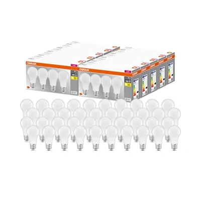 Immagine di Osram LED base Classic A, a forma di lampadina con E27, non dimmerabile, sostituisce 60 Watt, opaco, bianco caldo 2700 Kelvin, confezione da 40 pz.