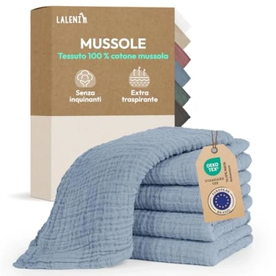 Immagine di Laleni Mussole Neonato Cotone 70x70cm In Set Di 5 Quadrotti Per Pelli Sensibili Asciugamani Extra Morbidi E Assorbenti Lavette Quadrati Blu