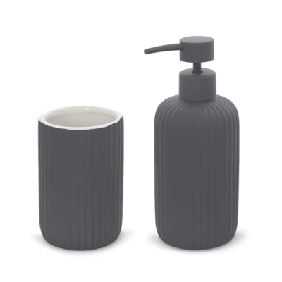 Immagine di Inbagno Set Accessori Bagno 2 Pezzi in Ceramica Grigio cannettato, Dispenser Sapone e portaspazzolini Soft Touch, Spring