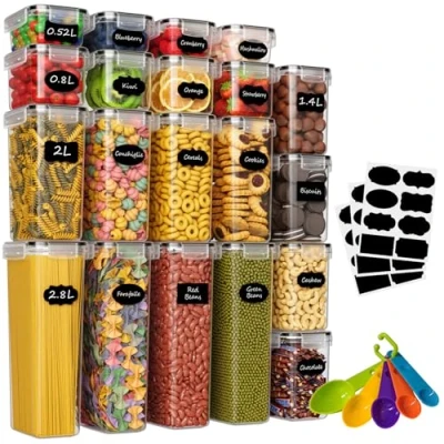 Immagine di Withosent Set di 20 contenitori ermetici per spaghetti, farina, cereali, cornflakes, 2,8 l, 2 1,4 0,8 0,52 l