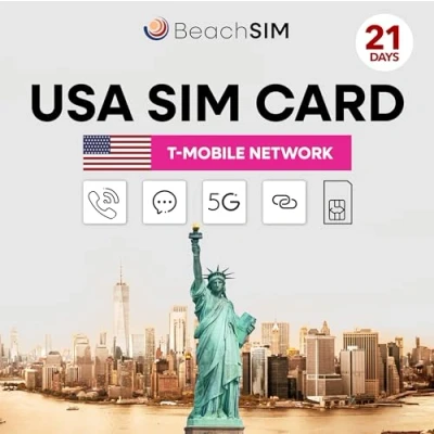 Immagine di BeachSIM SIM USA. Dati 5G, chiamate e SMS illimitati. Rete T Mobile. Hotspot abilitato. Compatibile con iOS Android. Valida per 21 giorni