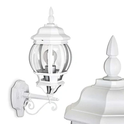 Immagine di lampada da parete per esterni Lentua, rivolta verso l&#039;alto, stile antico, in fusione di alluminio bianco, E27, esterno vintage terrazza, veranda e cortile, senza lampadina/e