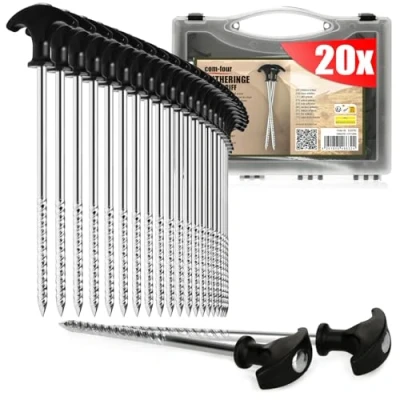 Immagine di com four® 20x picchetti in Acciaio robusti con Filettatura nella Scatola di Trasporto, per Il Campeggio e all&#039;aperto Ideali Terreni Normali duri, Impugnatura a T