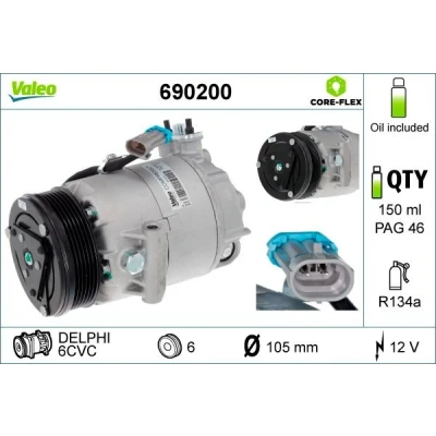 Immagine di VALEO 690200 compressore Aria Condizionata 6CVC 12 PAG 46 R 134a con olio OPEL: Astra H Hatchback, Caravan, GTC