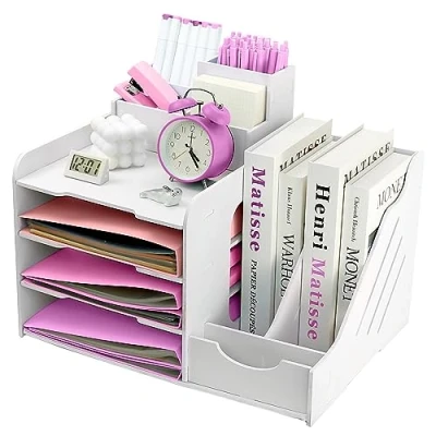 Immagine di ideallife vassoio per lettere a 4 livelli con porta documenti, in legno portapenne, organizer da scrivania ufficio, portadocumenti, vassoi documenti A4, forniture ufficio