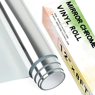Immagine di rotolo di vinile permanente cromato, 30,5 x 2,4 m, colore argento PET cromato a specchio autoadesivo per Cricut, Silhouette Cameo, decorazione feste