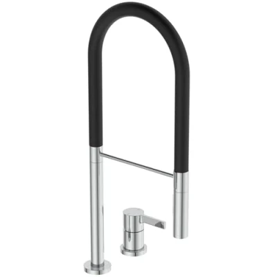 Immagine di Ideal Standard Gusto, Miscelatore monocomando professionale per lavello da cucina a due fori, Bocca alta tubolare con doccetta orientabile ed estraibile, Cromato