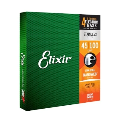 Immagine di corde per basso a 4 in acciaio inossidabile Elixir® Strings con rivestimento NANOWEB®, Long Scale, Light (.045 .100)
