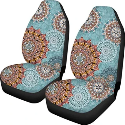 Immagine di Binienty Set di 2 coprisedili per auto con motivo floreale, mandala colorato, stile boho