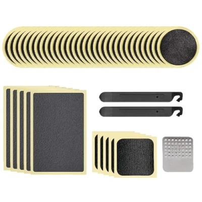 Immagine di Kit di riparazione autoadesivo per pneumatici da bicicletta (40 pezzi) Disponibile in forma rotonda, quadrata e rettangolare Include 2 leve pneumatici, 1 raspa metallo Mobi Lock