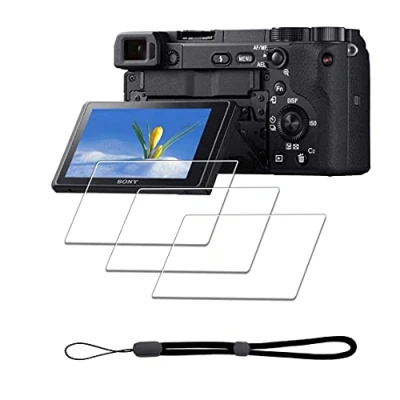 Immagine di iDaPro Pellicola proteggi schermo per Sony Alpha A6600 A6400 A6300 A6100 A6000 A5000 e cordino da polso [3+1 confezione] in vetro temperato, facile installazione