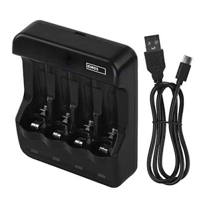 Immagine di EMOS N9321 Caricabatteria da 4 celle, 300 mA, NiMH, caricatore universale NiCd per 1 x AAA, AA, USB/Micro USB cavo 60 cm, indicatore LED, protezione batteria, funzioni di sicurezza, colore nero