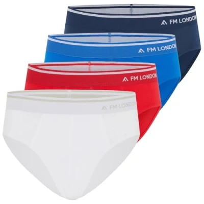 Immagine di FM London (Confezione da 4) Slip in bambù uomo intimo confortevole con cintura senza etichetta Boxer elasticizzati apertura frontale Multipack, Blu, Rosso, Bianco, XL