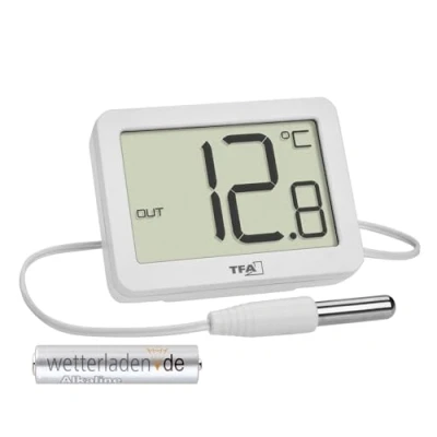 Immagine di TFA Dostmann Termometro digitale per interni ed esterni, 30.1066, con sensore di temperatura impermeabile, valori massimi e minimi, magnete/supporto, (bianco batteria)
