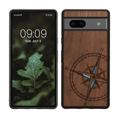 Immagine di kwmobile Custodia Compatibile con Google Pixel 7a Cover Back Case in Legno Bumper Silicone TPU Bussola Vintage Madreperla marrone scuro