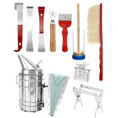 Immagine di QWORK® Set di attrezzi per apicoltura da 10 pezzi, attrezzatura fumatori alveare, forniture