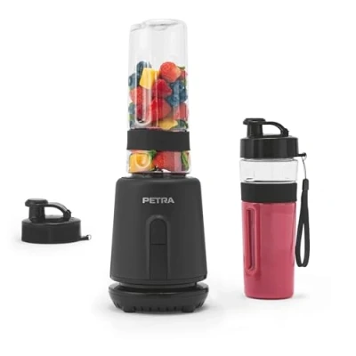 Immagine di Petra PT6133MBLKVDE Frullatore personale elettrico compatto, 2 bottiglie (600 ml), coperchi a tenuta stagna, lama in acciaio inossidabile, funzionamento one touch, antiscivolo, 350 W