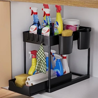 Immagine di AIXPI Organizer Sottolavello Cucina 2 Livelli, Portaoggetti Ripiano Organizzatore per Lavello con Ganci e Tazza appesa, Cassetti Bagno, Nero
