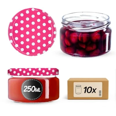 Immagine di KADAX Piccoli vasetti per conserve da 250 ml, con coperchio, ermetici regalare, mini barattoli miele e spezie (10 pezzi, rosa a pois