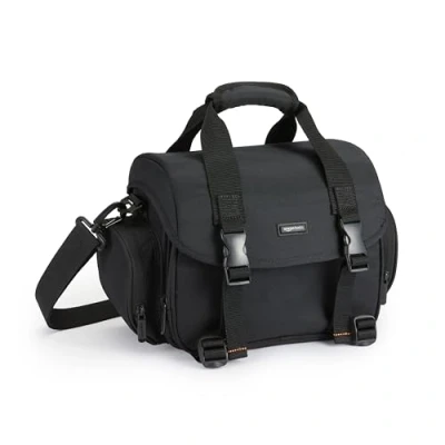 Immagine di Amazon Basics Borsa a Tracolla per Fotocamere SLR e Accessori, Grande, Cinghia Regolabile, Impermeabile, Antishock, Tinta unita, Imbottito Nero/Grigio