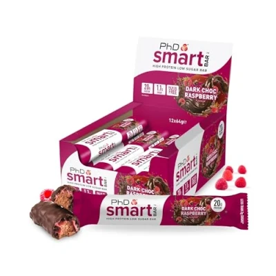 Immagine di PhD Nutrition Smart Bar Barretta proteica 12x64g Cioccolato fondente e lampone Protein con 21g di proteine poco zucchero, Adatta a una dieta macro