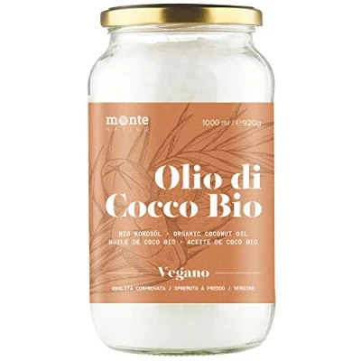 Immagine di MonteNativo Olio di Cocco Biologico Extra Vergine 1000ml Crudo e Spremuto a Freddo, Organico Puro 100%, Non Processato, Bio, Ideale per Capelli, il Corpo ad Uso Alimentare(1x1000ml)