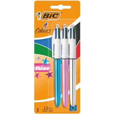 Immagine di Bic 4 Colori Penne A Sfera, Shine, Ottime Per La Scuola, Fusti Metallizzati, Multicolore, 3 Unità, Confezione Da 1
